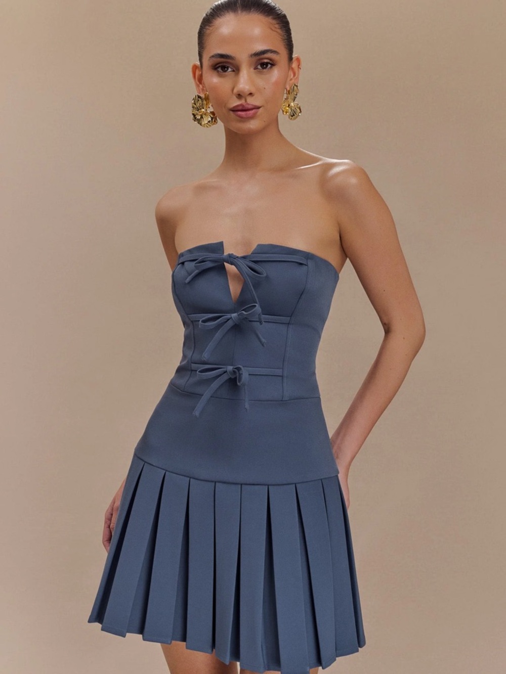 XXS Meshki Strapless Pleated Mini Dress with Tie Front in Slate Blue